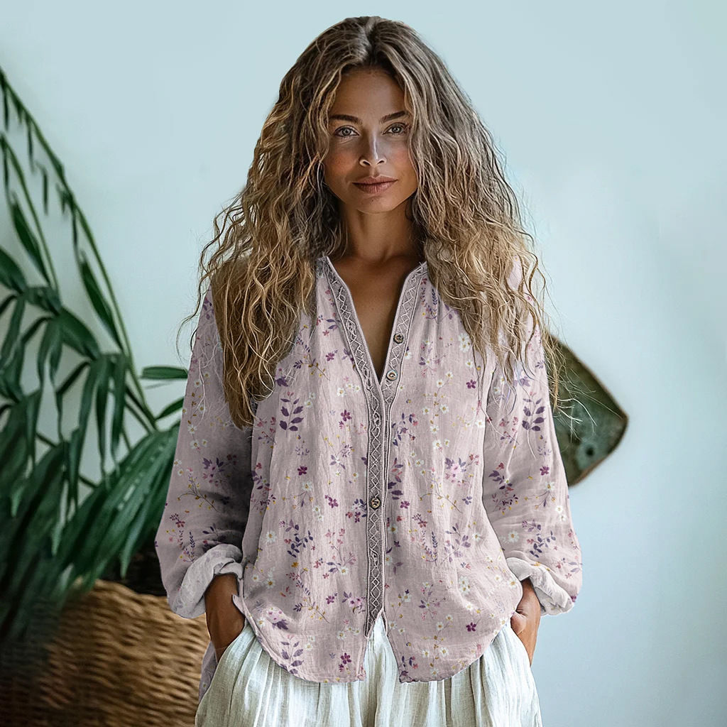 (Linen-like) 2025 European and American style women's casual floral print blouse, daisy print blouse, 3D printed blouse - Image 6