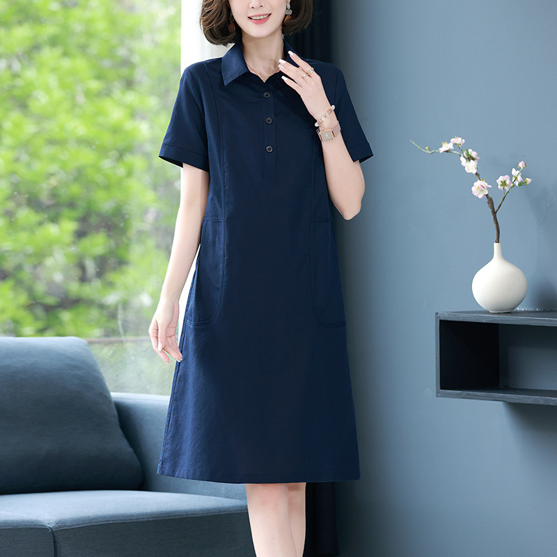 Women's summer cotton and linen dress, A-line, slimming, 2026 new casual straight high-end linen shirt dress for mothers.