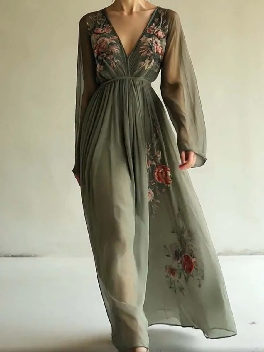 2025 European and American Women's Clothing Amazon Independent Website: Digitally Printed Long-Sleeved V-Neck Dress - Image 2