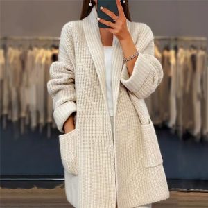 Cross-border Amazon Autumn/Winter New Women's Thick Solid Color V-neck Knitted Cardigan Loose Coat Cross-border Amazon