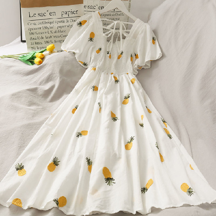 2021 new high-waisted mid-length pineapple print beautiful back age-reducing skirt women's large size lace-up pleated dress summer - Image 7