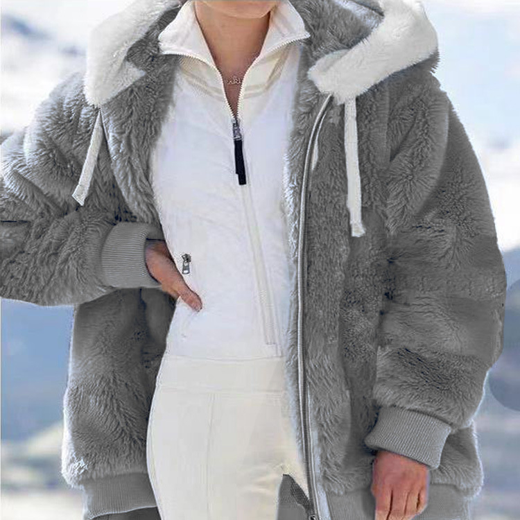 Spot wish independent station 2025 Amazon hot sale new autumn and winter loose plush zipper hooded jacket for women - Image 4