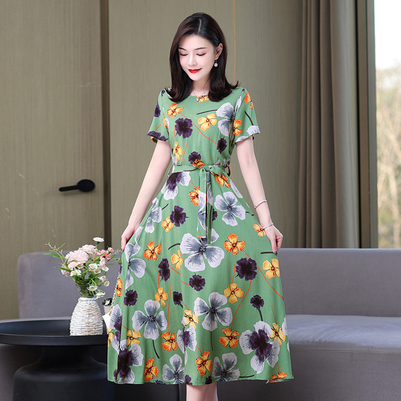 Artificial cotton silk dress women's clothing 2023 summer new middle-aged mother mid-length over-the-knee plus-size loose skirt - Image 14