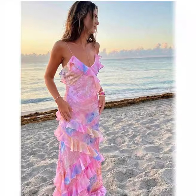 European and American style ins foreign trade women's fashion printing sexy sling backless lace irregular dress trendy Dress - Image 7