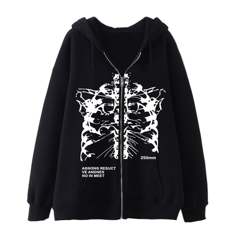 New arrival Skull Wings Hooded Zipper Sweatshirt Women Korean Style Plus Velvet Thickened Loose Sports Cardigan Sweatshirt Women - Image 12