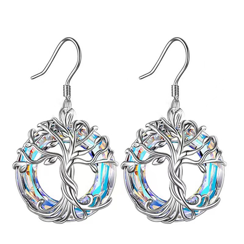 Cross-border Explosive Elegant Luxury Ladies Earrings Multicolor Crystal Tree of Life Earrings Personality Circle Imitation Crystal Earhooks - Image 6