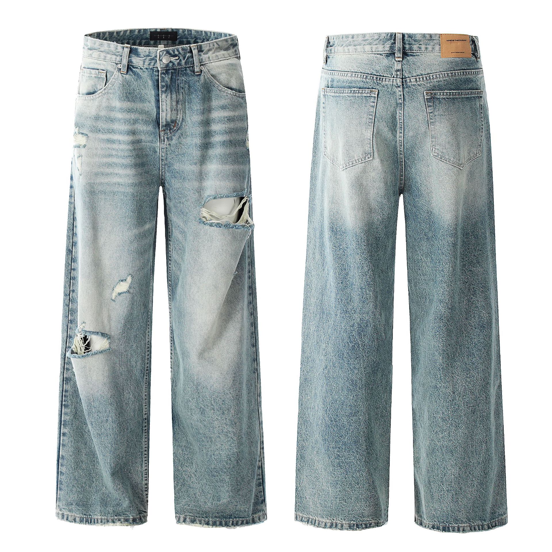 11KN American Retro Washed Blue Straight Leg Ripped Jeans, Unisex, Loose Fit, Slimming A-line Wide Leg Casual Pants - Image 6