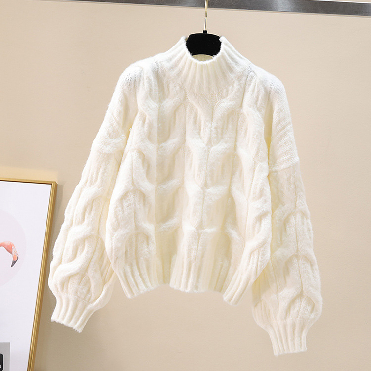 Lantern puff sleeve round neck cable knit pullover sweater for women, autumn and winter, lazy style, Korean style, loose and thick cable knit sweater - Image 10