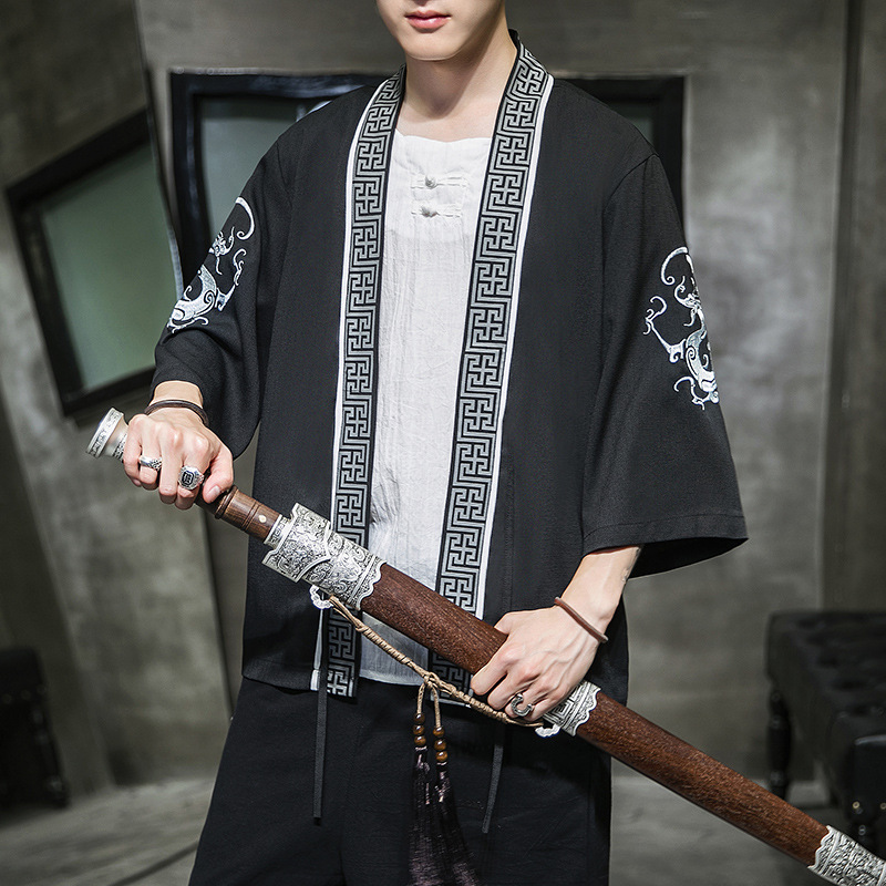AliExpress new Chinese style round dragon embroidery three-quarter sleeve cardigan Hanfu sunscreen clothing men's Japanese loose jacket men - Image 2