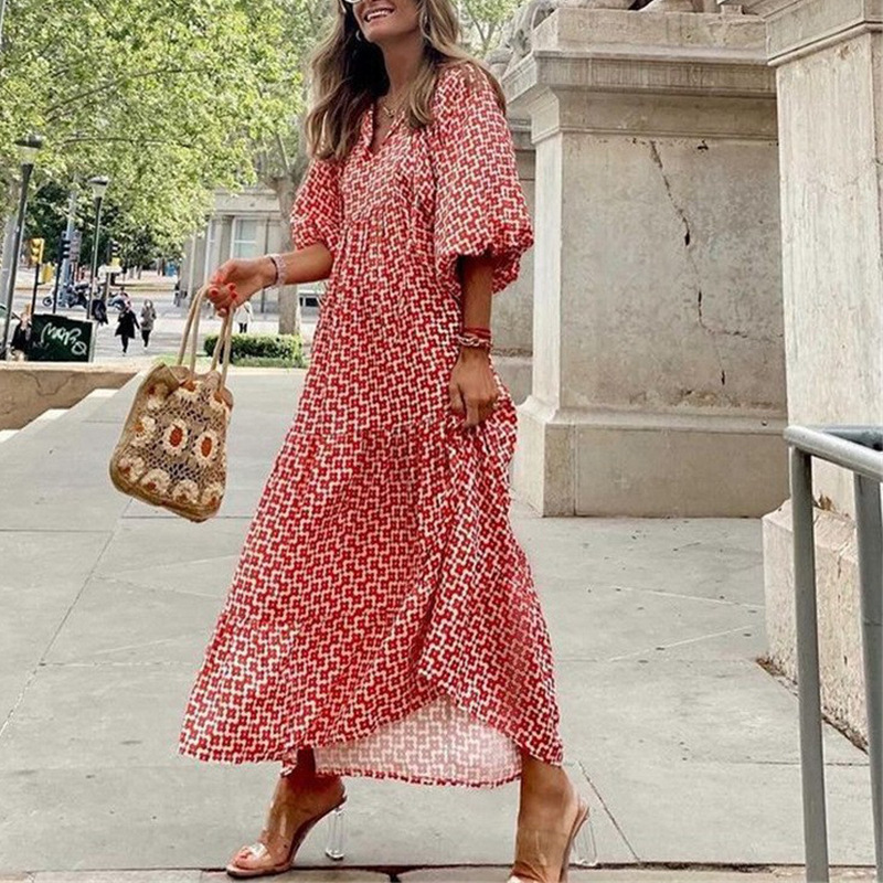 Cross-border European and American plus-size ladies loose-fitting Bohemian round-neck lantern-sleeve sweet girl dress - Image 14