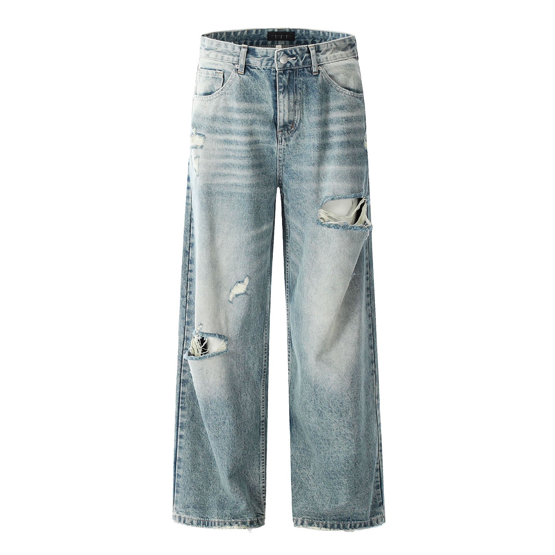 11KN American Retro Washed Blue Straight Leg Ripped Jeans, Unisex, Loose Fit, Slimming A-line Wide Leg Casual Pants - Image 3