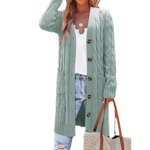 2025 European and American export knitted pocket cardigan, autumn and winter long cable knit Amazon button cardigan sweater coat