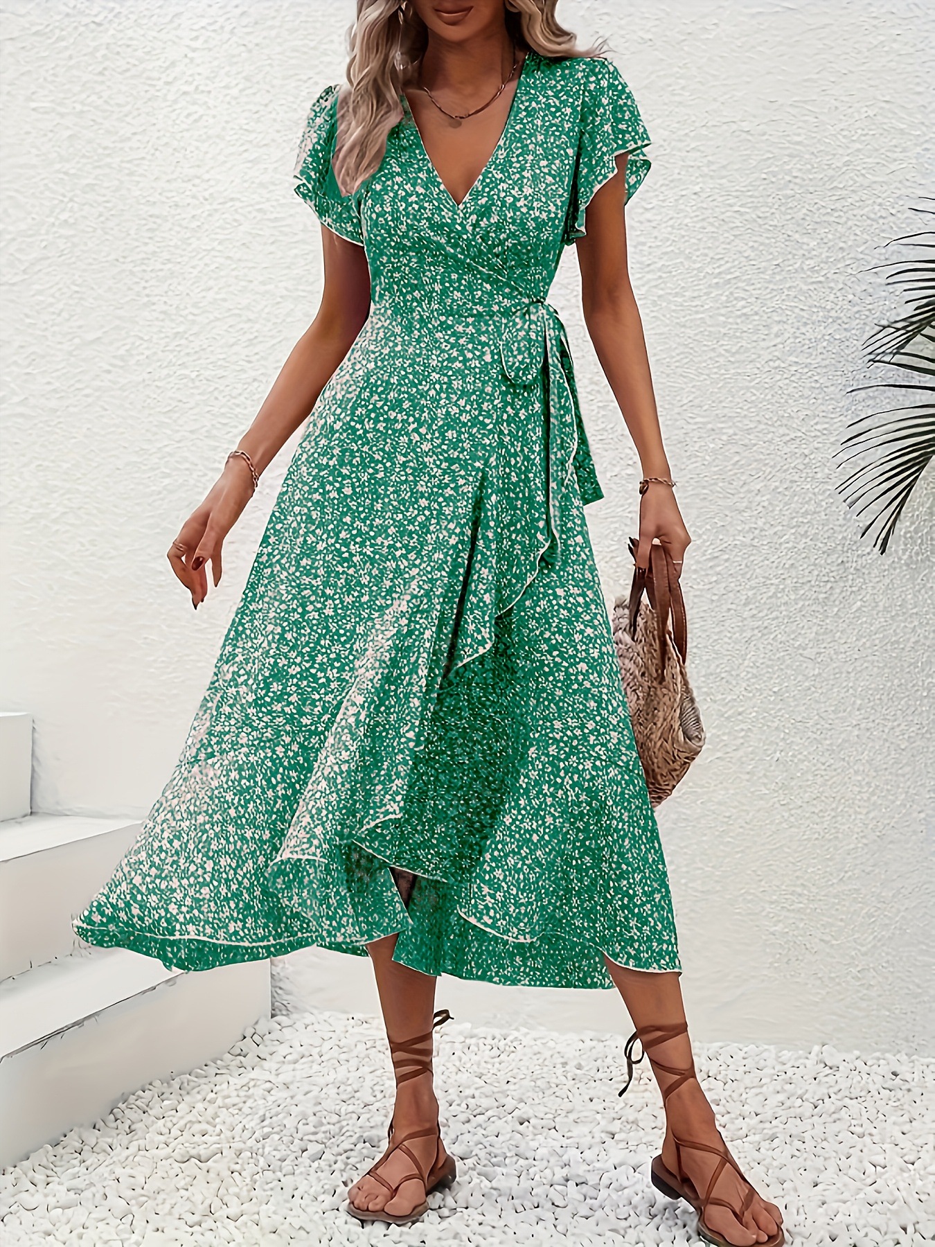 Independent Amazon cross-border e-commerce platform, floral print V-neck cardigan with tie-up short sleeves, bohemian style, full skirt, vacation dress - Image 15