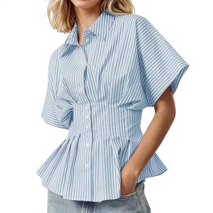 2025 Style Striped Shirt with Button-Down, Short Sleeves, Ruffled Hem, and Pleated Trim on Amazon (Europe and America)