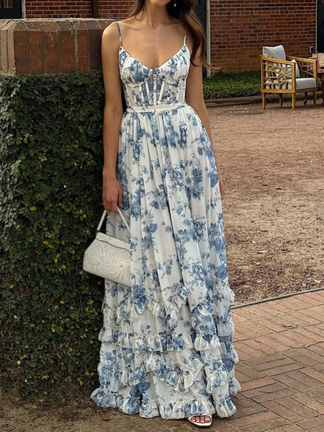 Cross-border European and American fashion summer new blue French style suspender dress, resort style floral waist-cinching long dress SY385 - Image 9