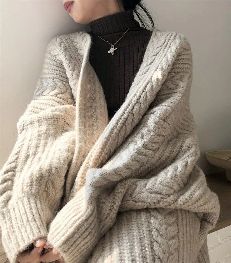 Lazy Style Retro Sweater Cardigan Women's Autumn and Winter New Cable Knit Mid-Length Long Sleeve Knit Cardigan Top 2025 - Image 4