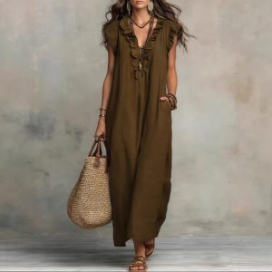 European and American cross-border women's clothing 2026 Spring/Summer solid color sleeveless V-neck resort maxi dress with pockets and ruffles, elegant dress