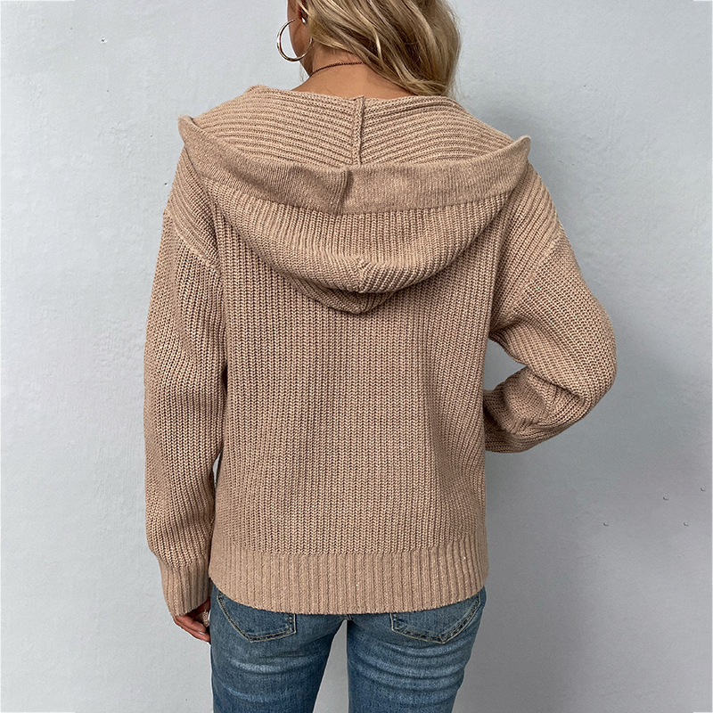 Drizzle Solid Color Hooded Zipper European and American Knitwear Autumn and Winter New Drawstring Pocket Sweater Women's Cardigan Jacket - Image 3
