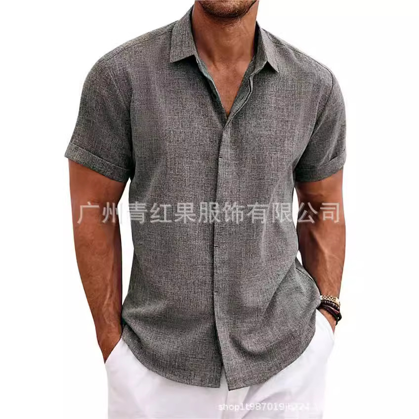 Men's linen short-sleeved T-shirt loose sweatshirt solid color short-sleeved cotton and linen shirt men's beach large size men's short-sleeved shirt - Image 4