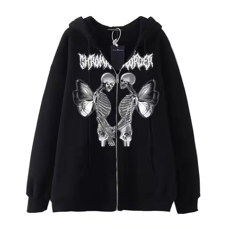 New arrival Skull Wings Hooded Zipper Sweatshirt Women Korean Style Plus Velvet Thickened Loose Sports Cardigan Sweatshirt Women - Image 3