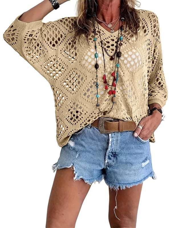 Cross-border e-commerce, Europe and America, Amazon Spring/Summer V-neck diamond-patterned openwork batwing sleeve women's sweater cover-up knitwear - Image 29
