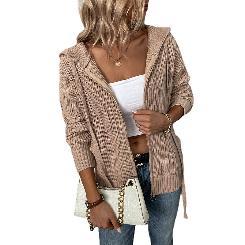 Drizzle Solid Color Hooded Zipper European and American Knitwear Autumn and Winter New Drawstring Pocket Sweater Women's Cardigan Jacket - Image 7