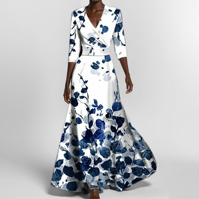 European and American style 2025 new women's fashion, elegant V-neck short-sleeved printed waist-cinching long dress - Image 8