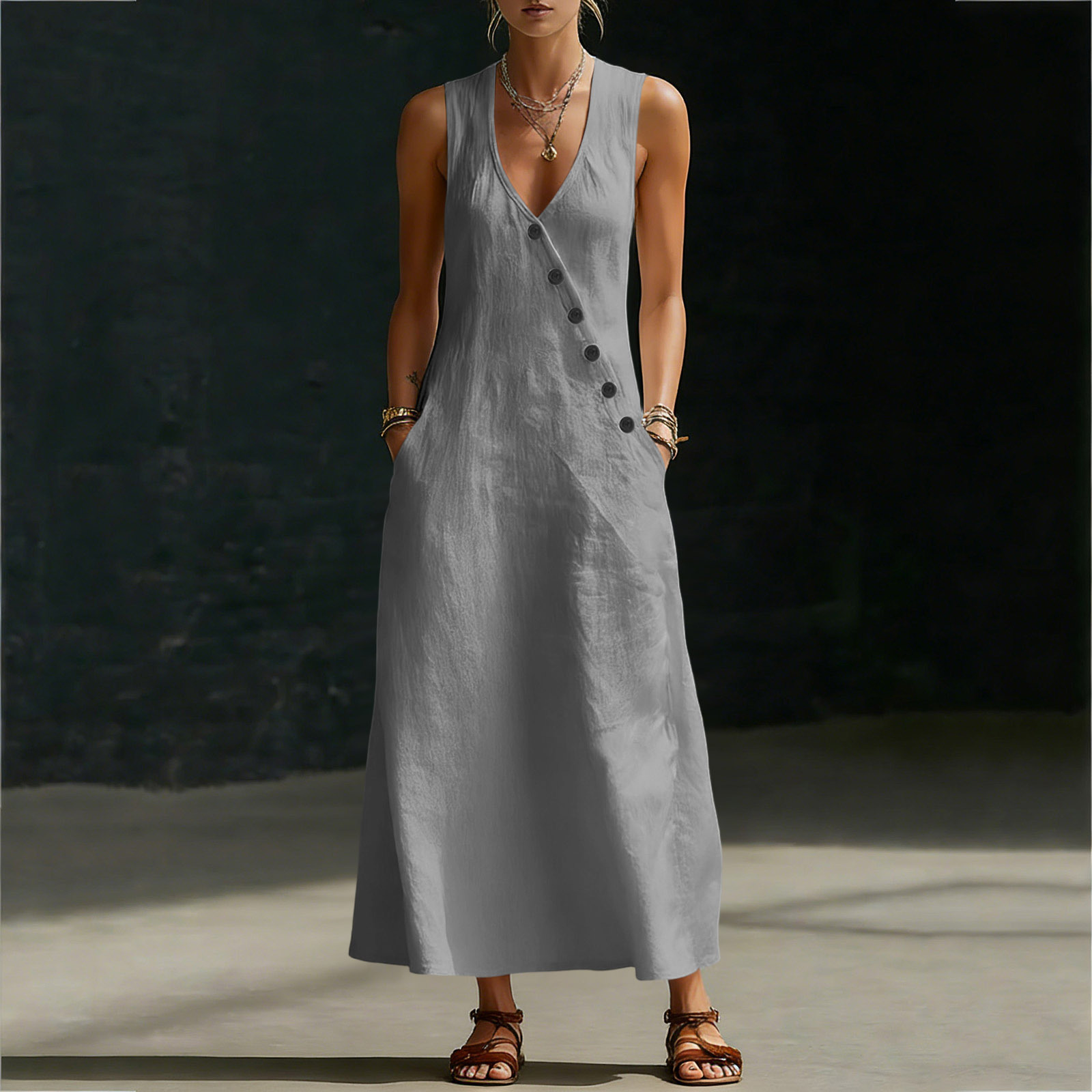 In stock Amazon summer cross-border V-neck sleeveless diagonal button vest dress long women's vacation casual dress - Image 24
