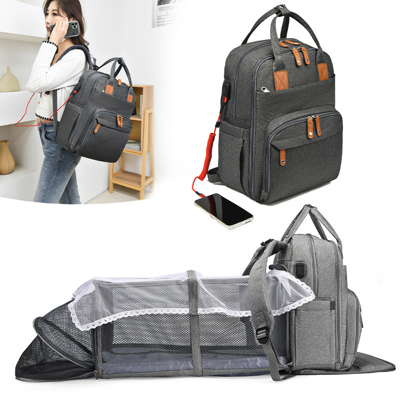 Foreign trade new extended baby bed mommy bag large capacity with diaper pad multi-layer mother and baby bag USB bed bag