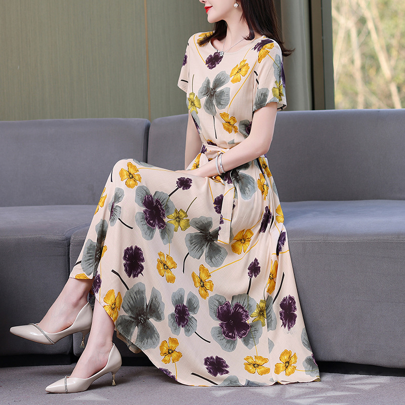 Artificial cotton silk dress women's clothing 2023 summer new middle-aged mother mid-length over-the-knee plus-size loose skirt - Image 7