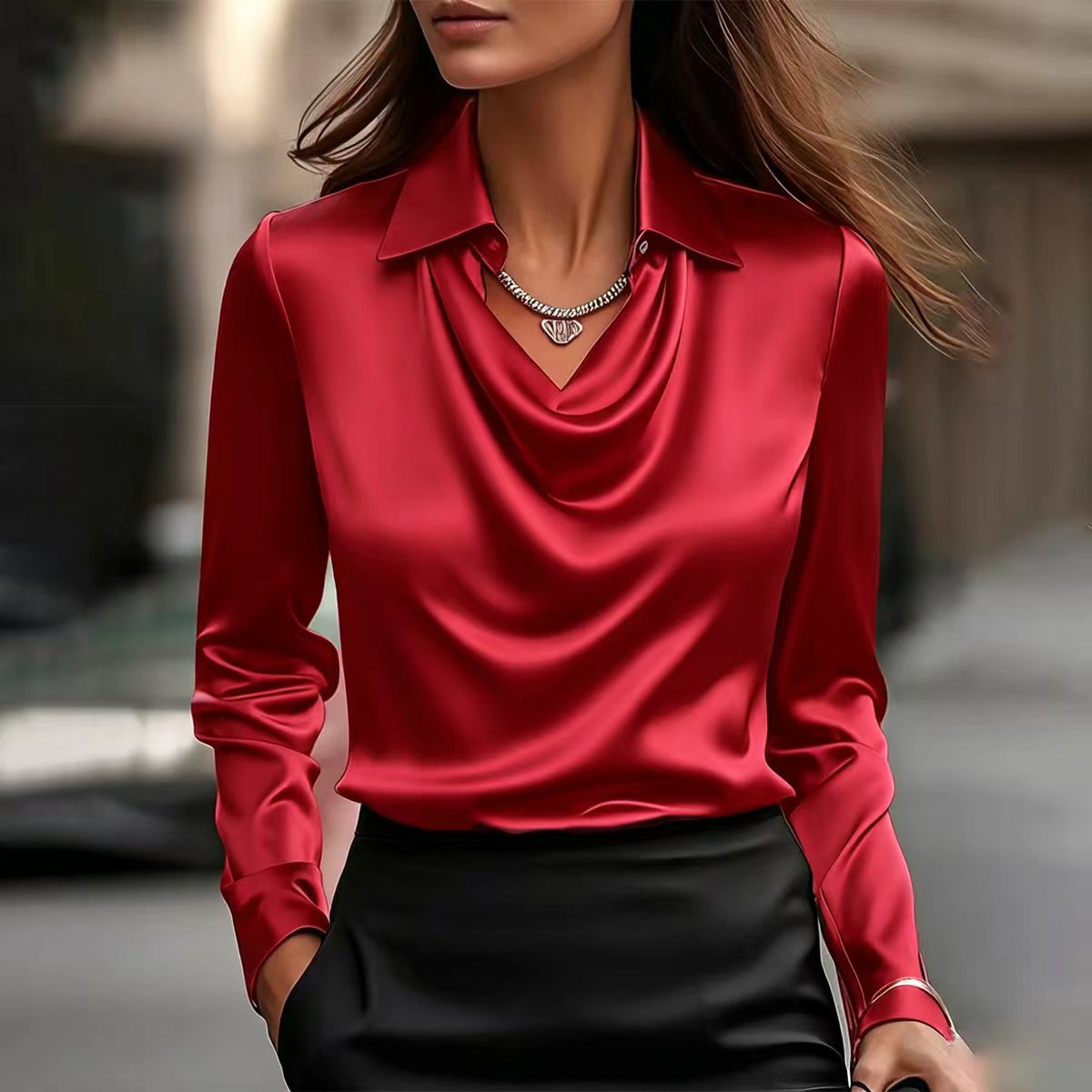 15 colors, 6 sizes, in stock, 2025 independent website, Wish, Amazon export style, simple draped collar shirt for women. - Image 19