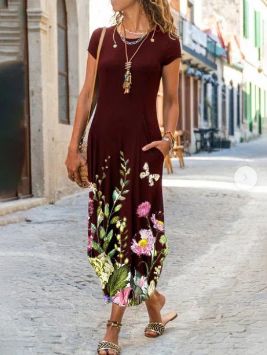 2021 European and American cross-border new Amazon independent station women's round neck pocket short-sleeved trendy printed dress - Image 2