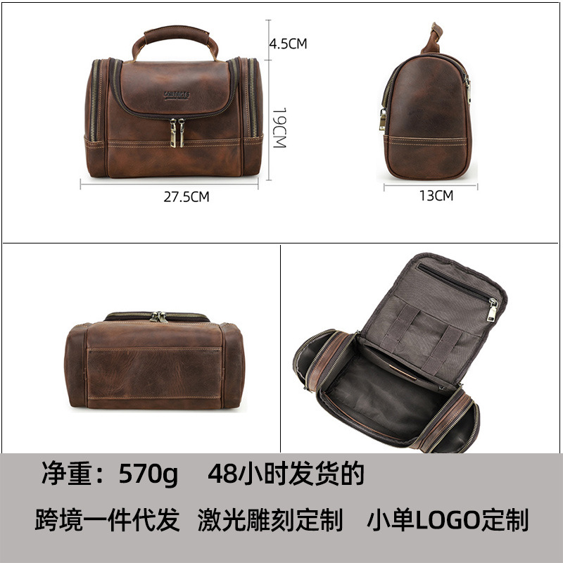 Black Angel Retro Crazy Horse Leather Multi-zipper Bag Hand-held Washing Bag Large Capacity Trendy Cosmetic Bag Storage Bag - Image 5