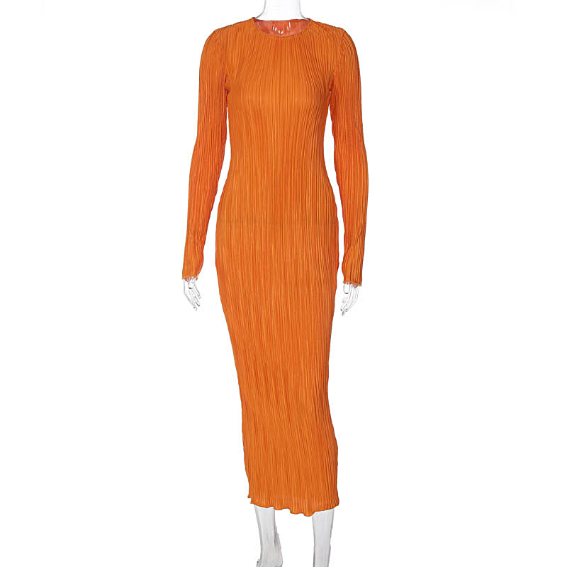 European and American style women's clothing 2022 autumn new fashion casual solid color round neck long-sleeved slim dress foreign trade wholesale - Image 2