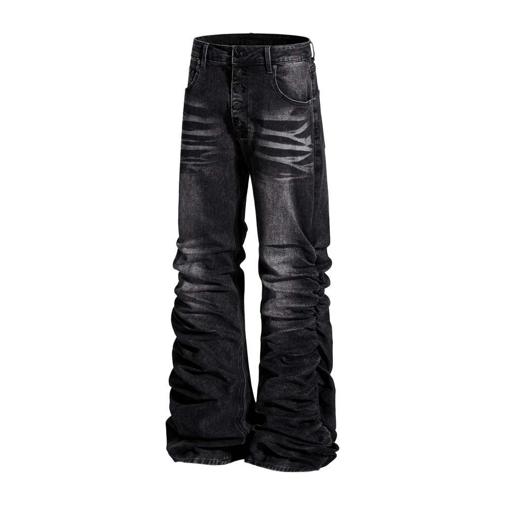 Niche design, heavy-duty pleated and gathered textured jeans for men, loose fit, trendy washed and distressed floor-length trousers. - Image 2