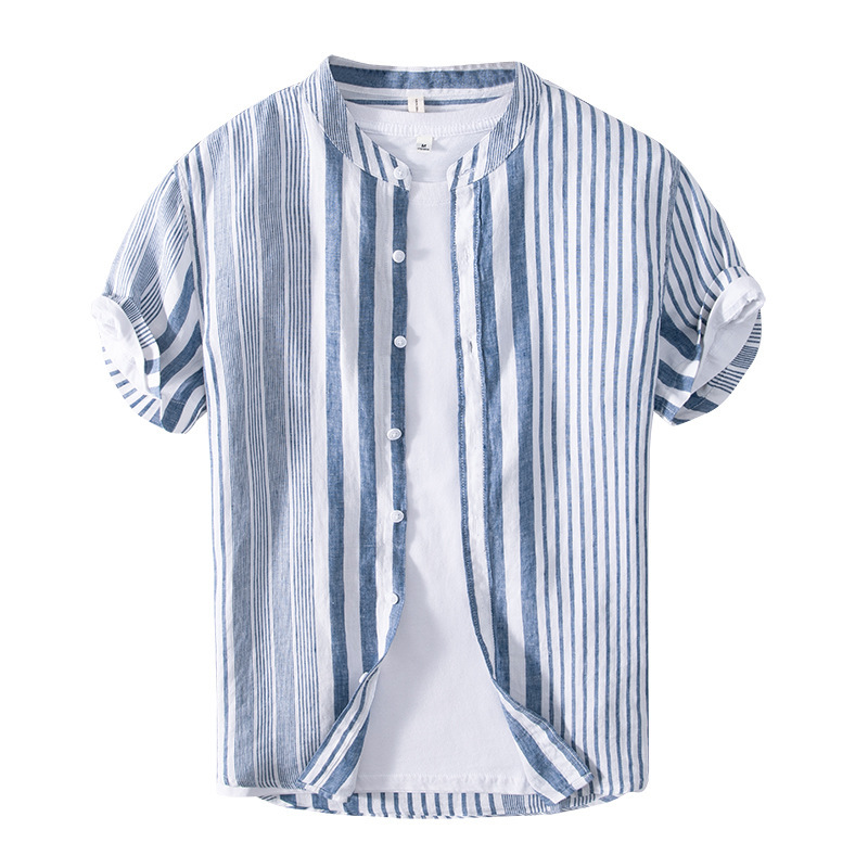 L540 Summer men's five-point sleeve striped shirt casual linen breathable color matching short-sleeved shirt men's one piece - Image 5
