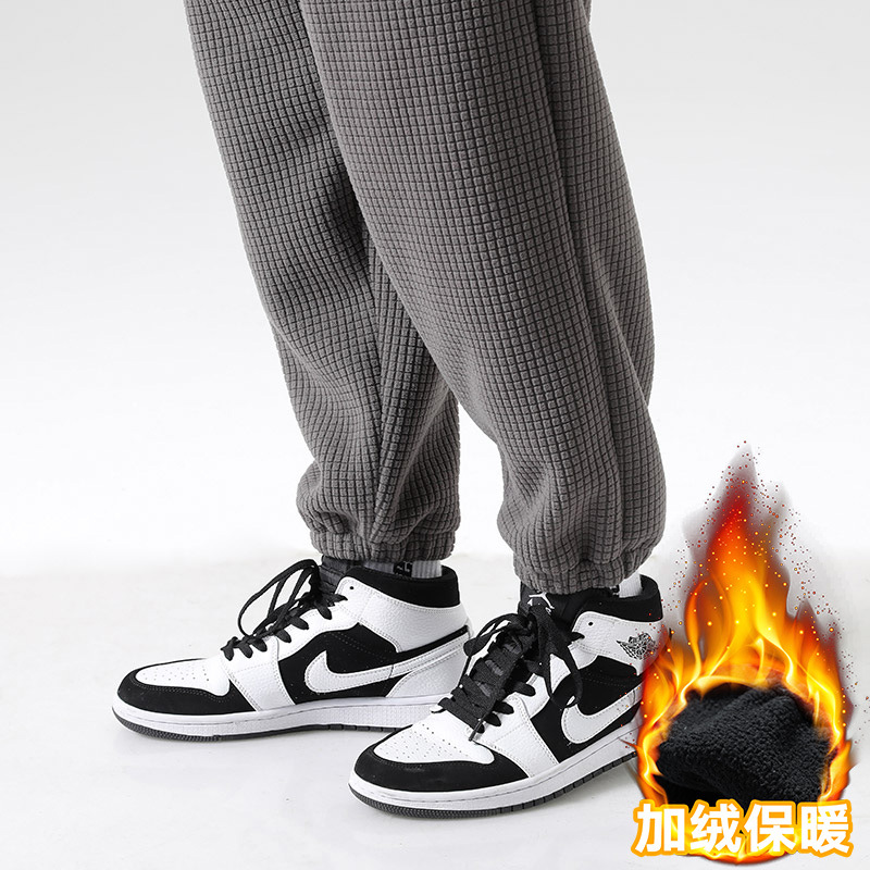 Guochao men's fleece straight-legged trousers middle-aged and young men's warm sports pants waffle thick elastic trousers tide - Image 5