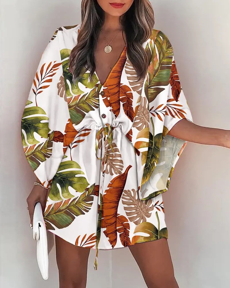 2023 Cross-border European and American Summer Flutter Sleeve A-line Dress Wish Amazon V-neck Tie-up Casual Vacation Short Dress - Image 7