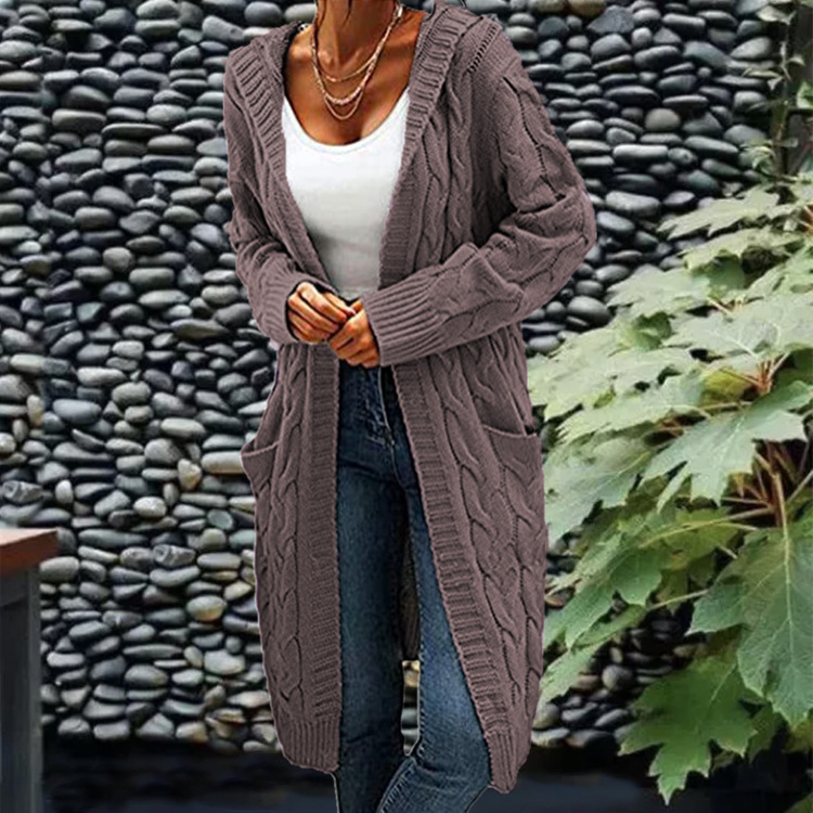 New cross-border e-commerce product, European and American foreign trade, Amazon, solid color loose knitted cardigan, chunky cable knit mid-length sweater coat for women. - Image 19
