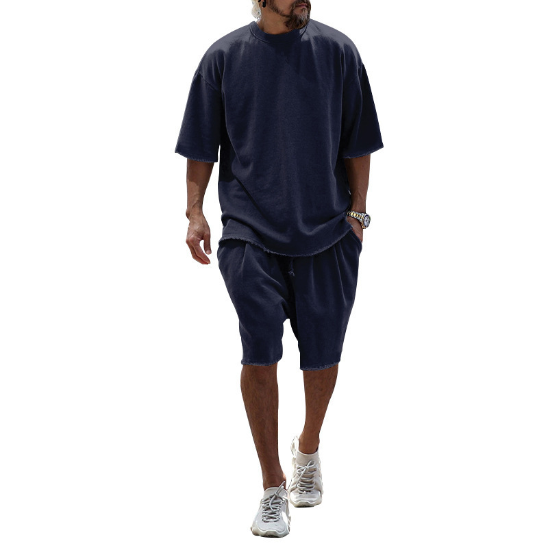 2025 Export Hot Selling Summer Solid Color Sports Suit Casual Loose Short-Sleeve Shorts European and American Trendy Fashion Men's Clothing - Image 11