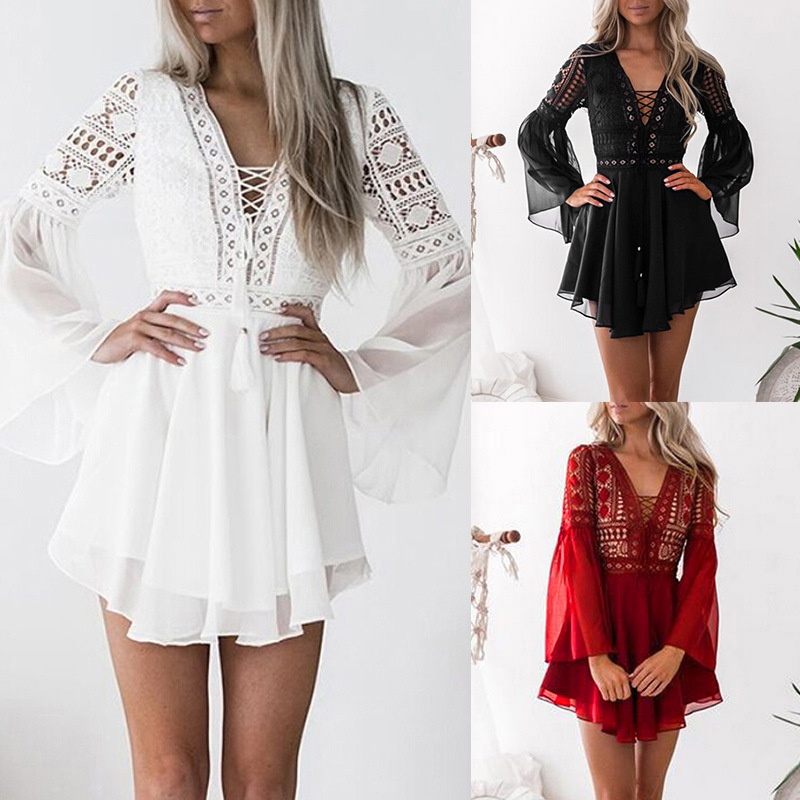 2023 summer Amazon water-soluble lace crochet hollow v-neck strappy flared long-sleeved chiffon dress in stock - Image 3