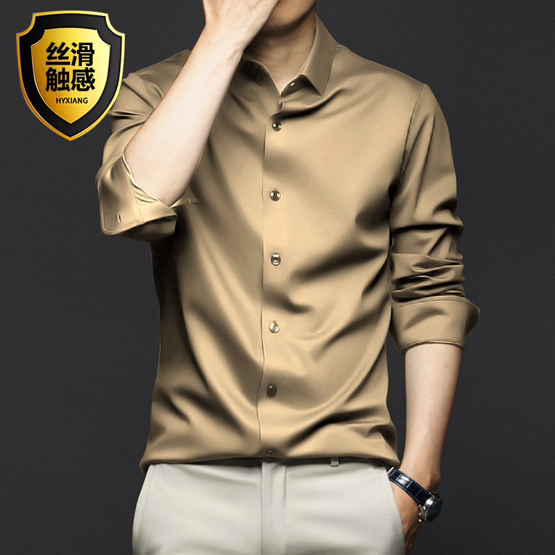 Spring and summer men's long-sleeved shirt anti-wrinkle and non-ironing professional formal wear trendy business high-end ice silk shirt black inch shirt - Image 12