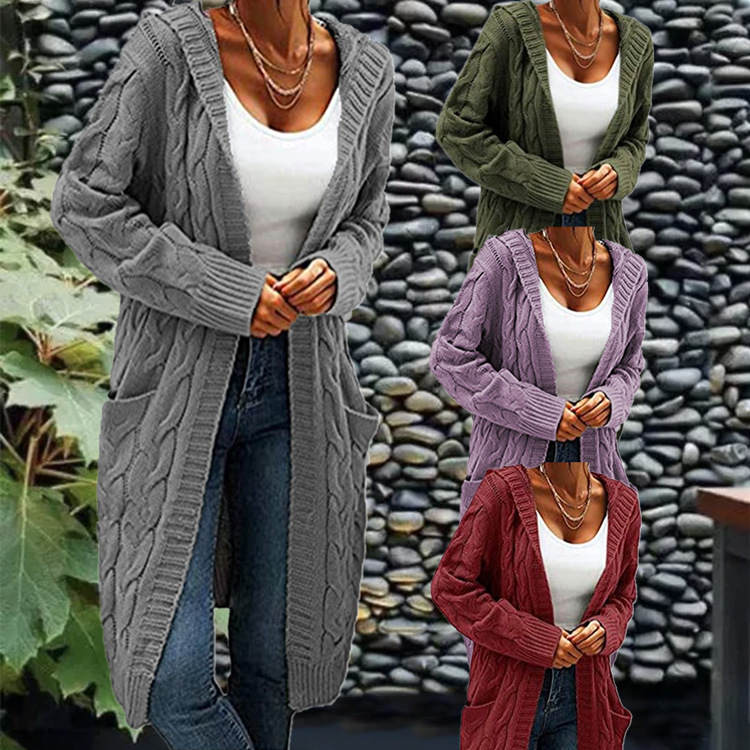 New cross-border e-commerce product, European and American foreign trade, Amazon, solid color loose knitted cardigan, chunky cable knit mid-length sweater coat for women.