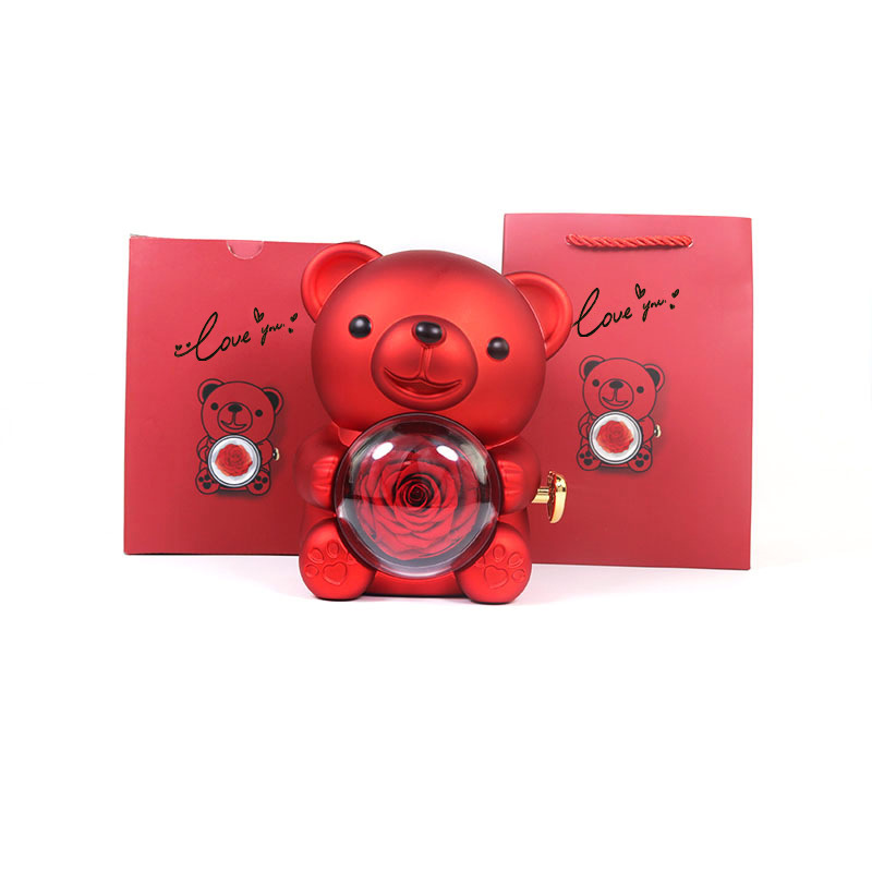 Engraved double heart rotating bear rose jewelry box, cuddly bear preserved flower gift box, rose necklace gift box - Image 4