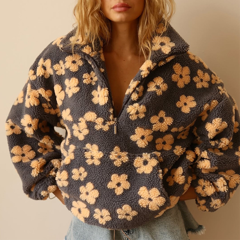 European and American cross-border women's clothing 2025 autumn new fashion faux lamb wool print loose zip-up sweatshirt long sleeve top - Image 6