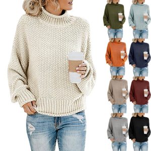 Turtleneck sweater women autumn and winter Amazon knitted sweater loose solid color large size OL commuting cross-border women's clothing