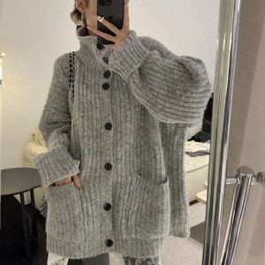 Women's High-Neck Solid-Color Knit Cardigan