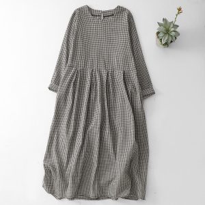 Plaid Long-Sleeve Midi Dress