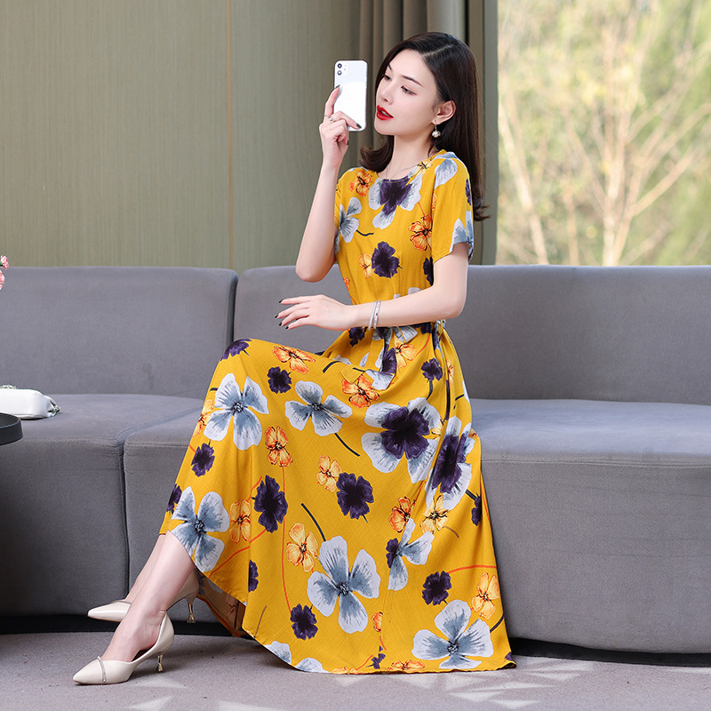 Artificial cotton silk dress women's clothing 2023 summer new middle-aged mother mid-length over-the-knee plus-size loose skirt - Image 16
