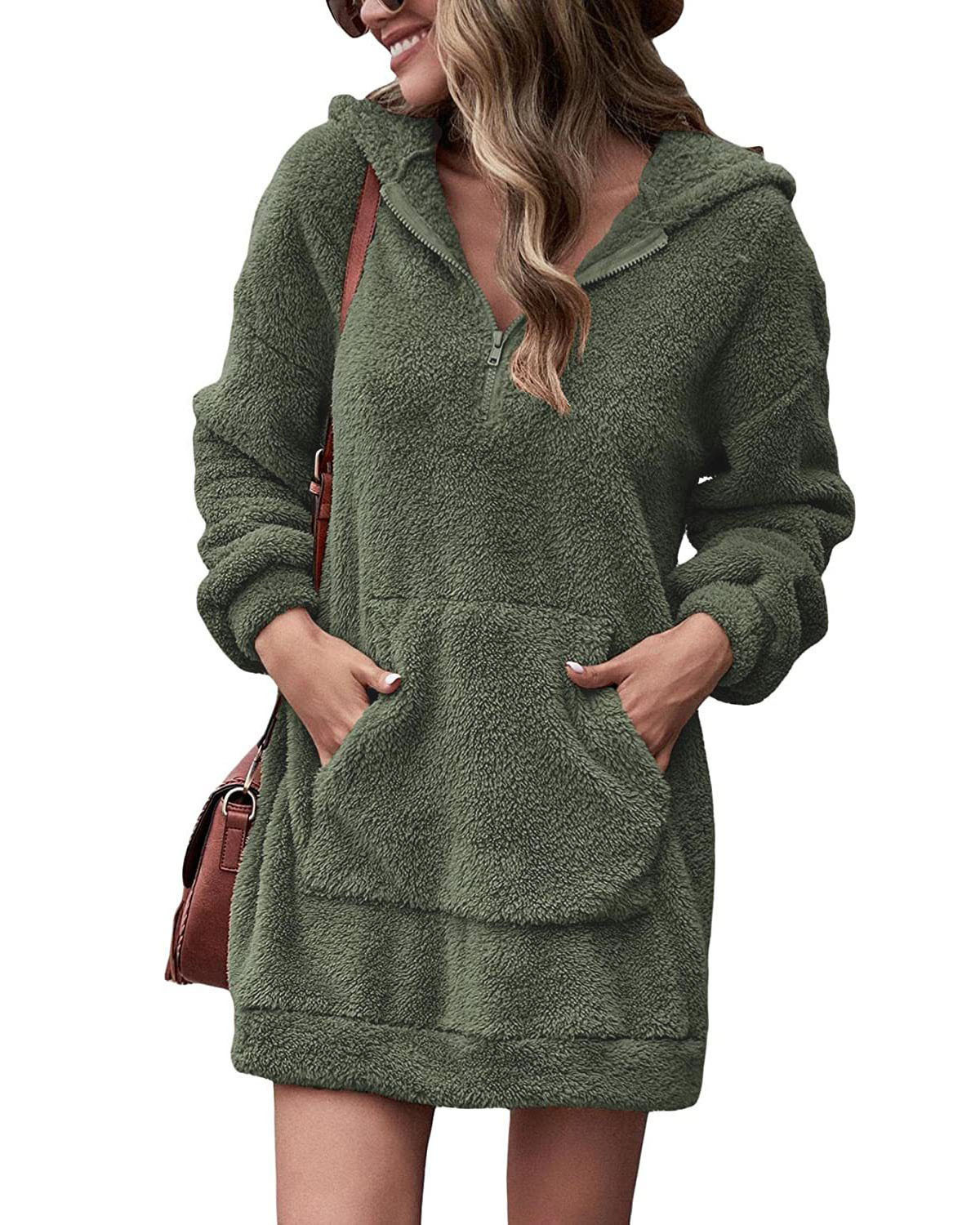 2022 new European and American cross-border autumn and winter women's clothing double-sided fleece hooded loose zipper plush pocket sweater jacket - Image 3
